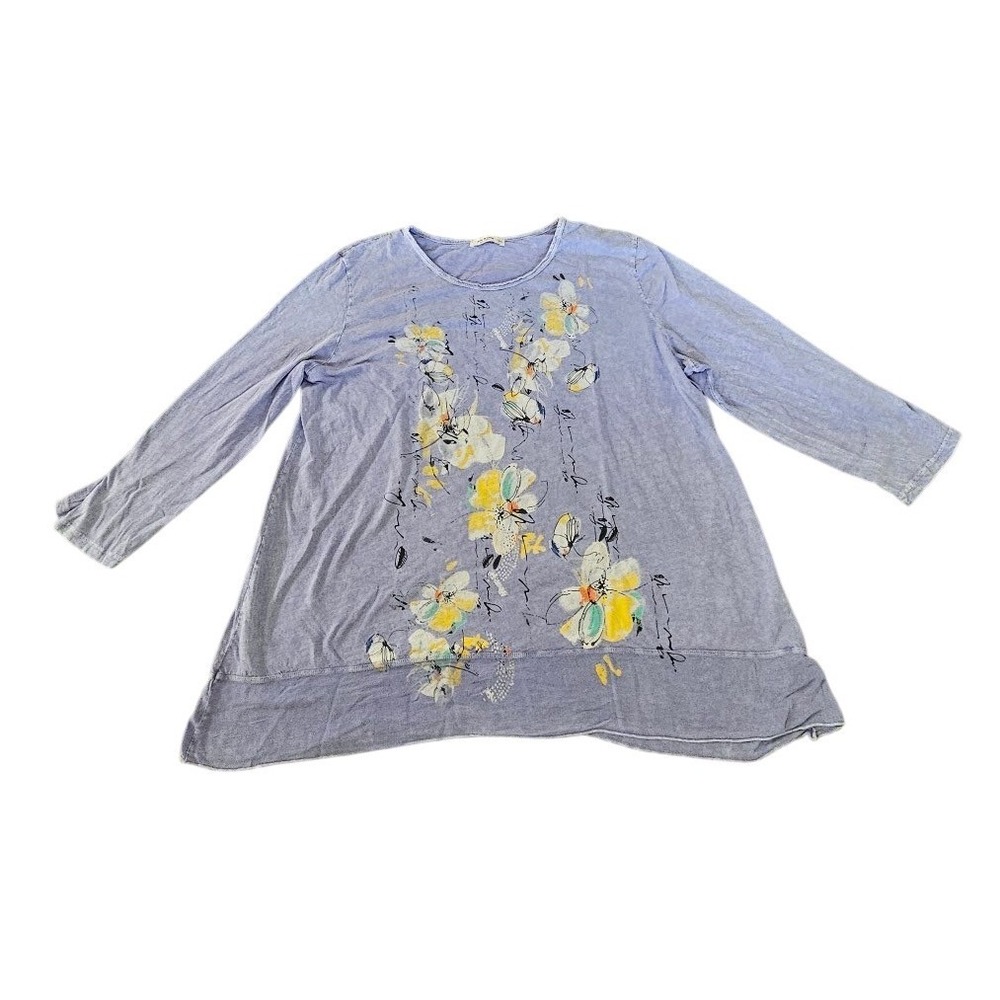 Jess & Jane Womens 1X Blue Floral Cotton Slub Knit Long Sleeve Tunic Top Artsy